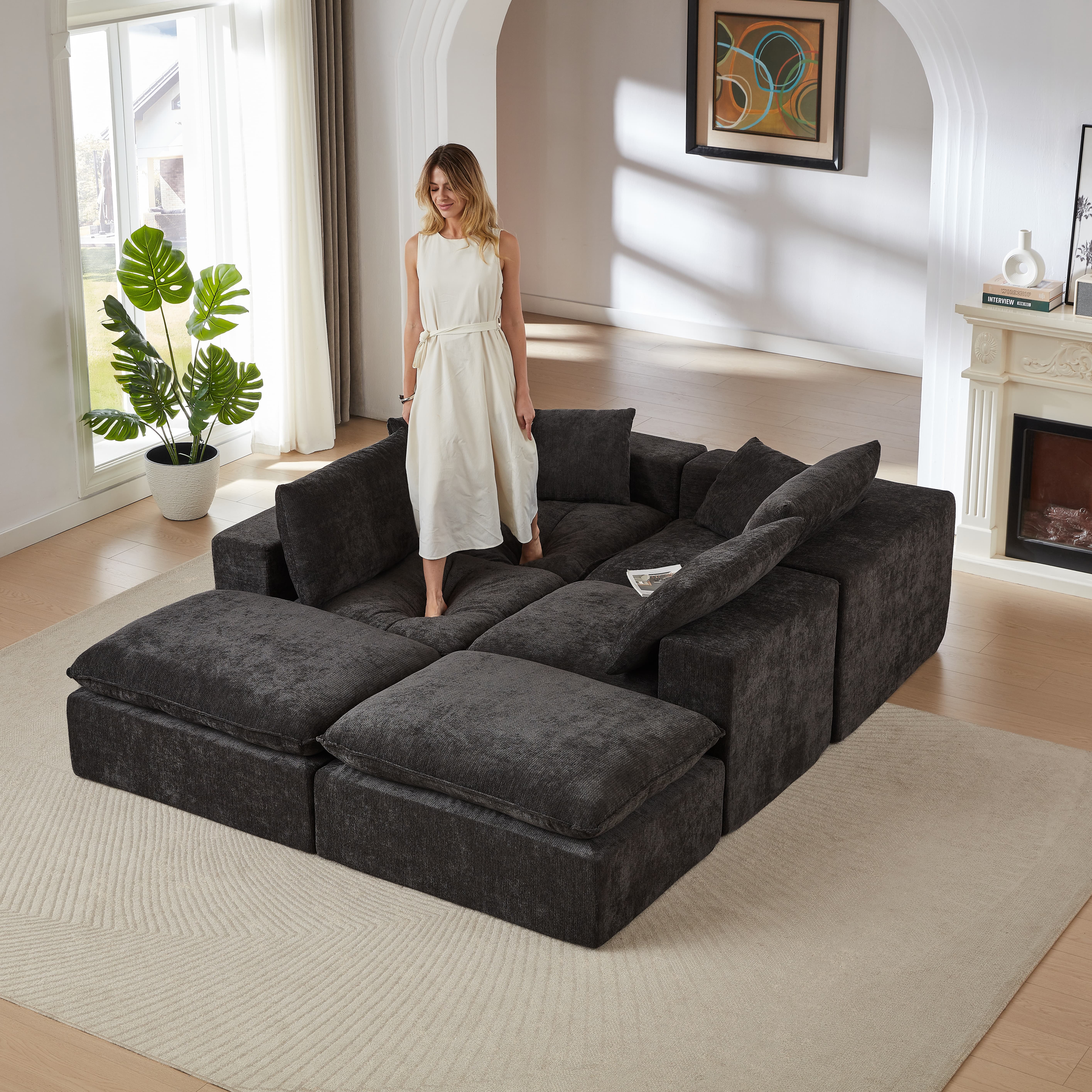 MAYEERTY Modern Modular Chenille Sofa, Black Cloud-Soft Sectional Couch for Living Room