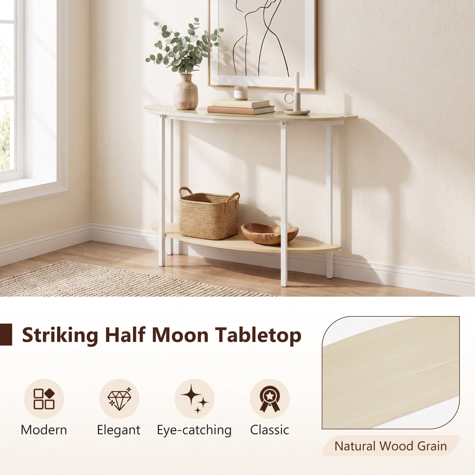 Furnibear Half Moon Console Table 40 Inch 2 Tier Entryway Table with Storage Shelf and Metal Frame for Foyer Hallway and Living Room, Oak