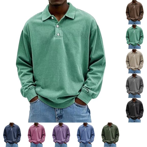 OIOLOYJM Mens Loose Fit Long Sleeve Sweatshirt Vintage Washed Button Up Collar Casual Solid Polo Shirts Fashion Fall Outdoor Casual Daily Pullover Tops