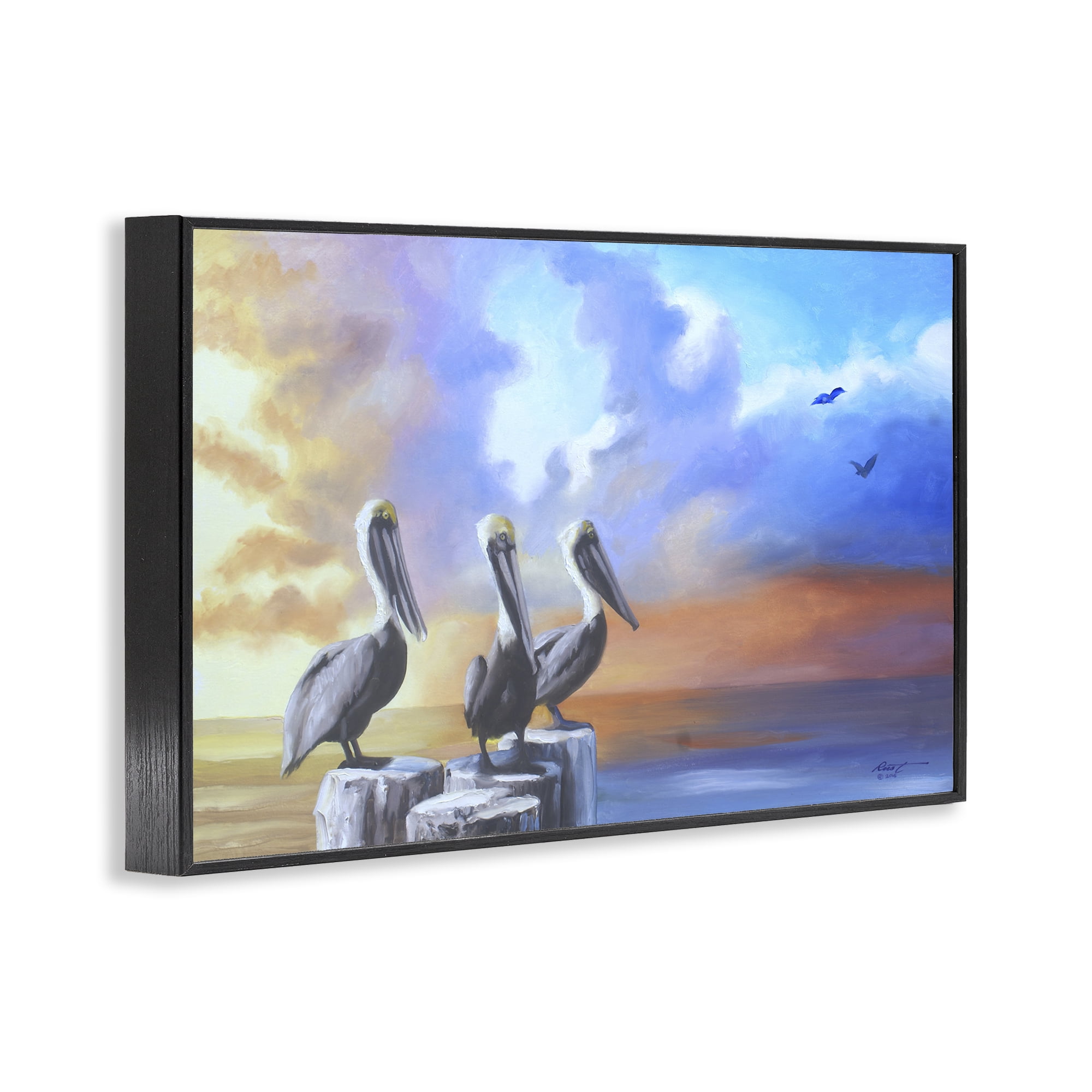 Stupell Industries Vivid Pelican Trio Landscape Painting Black Framed Art Print Wall Art, 18 x 12