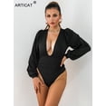 thumbnail image 1 of Articat, mono negro con escote en V profundo, mono sexi de mujer con mangas abullonadas, mono ajustado liso elástico informal para fiesta, monos de invierno, Tops para el cuerpo Tan Jianjun unisex, 1 of 2
