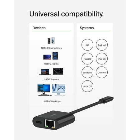 Belkin - USB C To Ethernet + Charge Adapter - Gigabit Ethernet Port for USB C Devices - Black