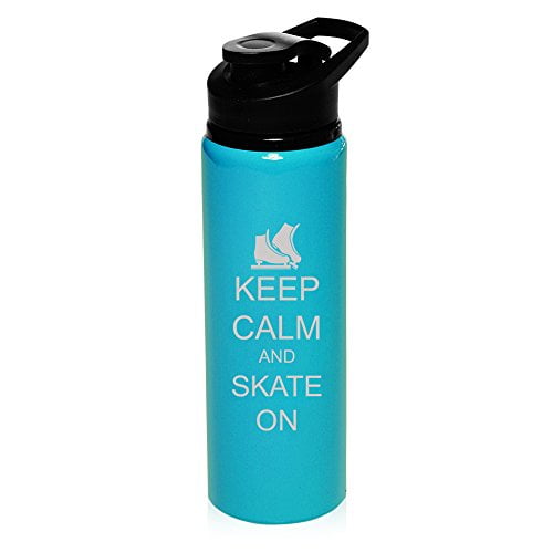 25 oz Aluminum Sports Water Travel Bottle Keep Calm And Skate On Ice Skates (Light-Blue) by