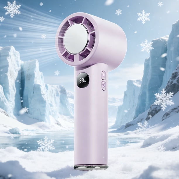 Ventilador portátil de mano mini con pantalla digital, 100 velocidades de viento ajustables, recargable por USB, función de hielo, mosquetón para viajes al aire libre y senderismo.