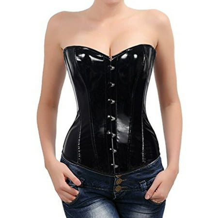 

SHCKE Women s Lace Up Boned Overbust Corsets Bustier Top PVC Leathe Waist Trainer Cincher Steampunk Sexy Corset Top