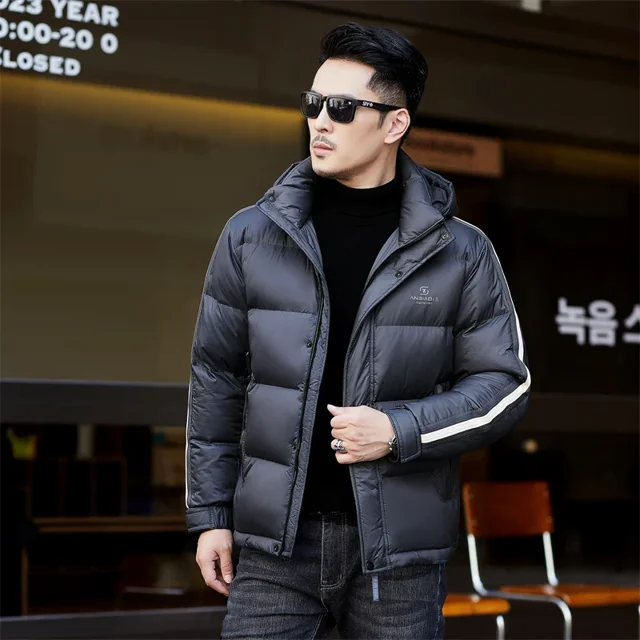 Chaqueta de plumón de invierno para hombre 2024, abrigo corto de rayas gruesas con sombrero desmontable, ropa de negocios informal, cálida, nueva chaqueta superior
