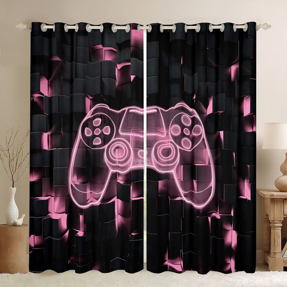 jejeloiu 3D Console Gamer Black Out Curtains,Modern Video Game Curtains Pack of 2 (42x63 Each),Pink Black Bedroom Curtains For Boy,Super Cozy Room Decor