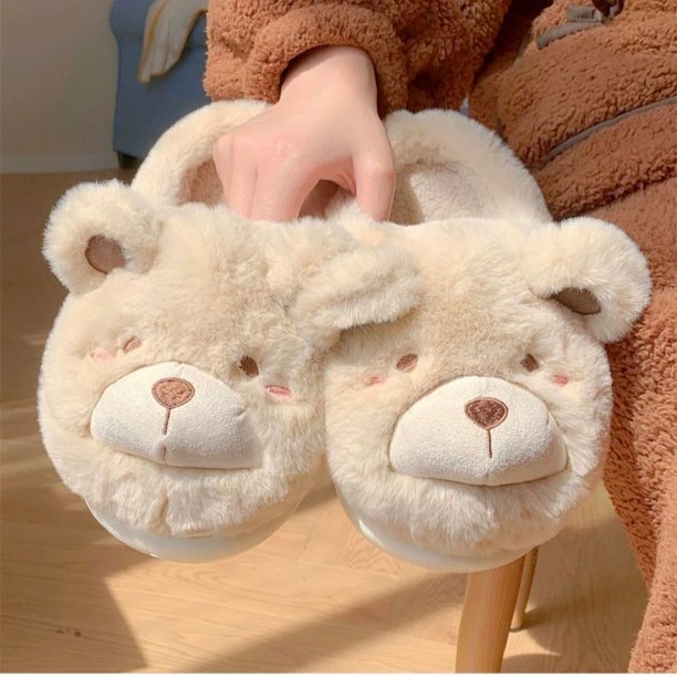 Pantuflas de algodón cálidas para mujer para el hogar en invierno, nuevas y lindas pantuflas de osito de peluche, cómodas y de suela suave, pantuflas de felpa simples