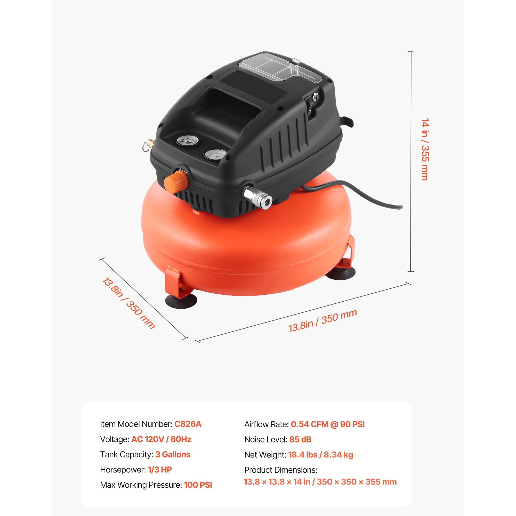 KFFKFF 3 Gallon Portable Air Compressor, 1/3HP 0.54CFM @ 90PSI Pancake Compressor with 100PSI Max Pressure, Oil-Free Tank for Tire Inflation, Painting, and Woodworking, 120V