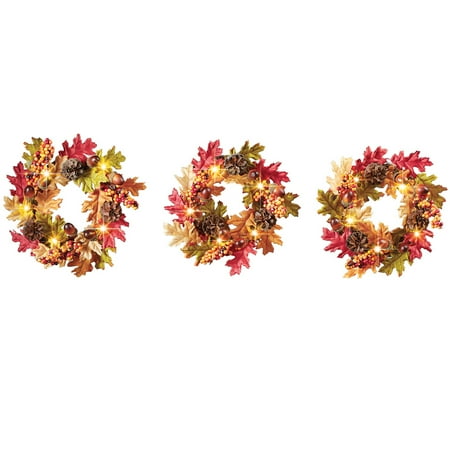 Fall Leaves Wreath Set Lighted Solar Garden Decoration Yellow Fall Leaves Wreath Set Lighted Solar Garden Decoration Yellow Orange Green 3 Pc