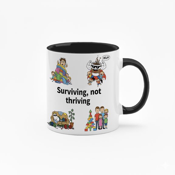 Tired Moms Club" & "Surviving, Not Thriving" 11oz Two-Tone Ceramic Coffee Mug – Funny Parenting Gift – Multiple Interior Colors – Dishwasher & Microwave Safe