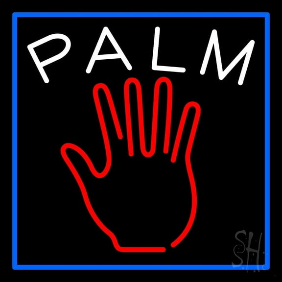 Red Palm Blue Border LED Neon Sign 16" Tall x 16" Wide - inches Black Square Cut Acrylic Backing, with Dimmer - Bright and Premium built indoor LED Neon Sign for Storefront.