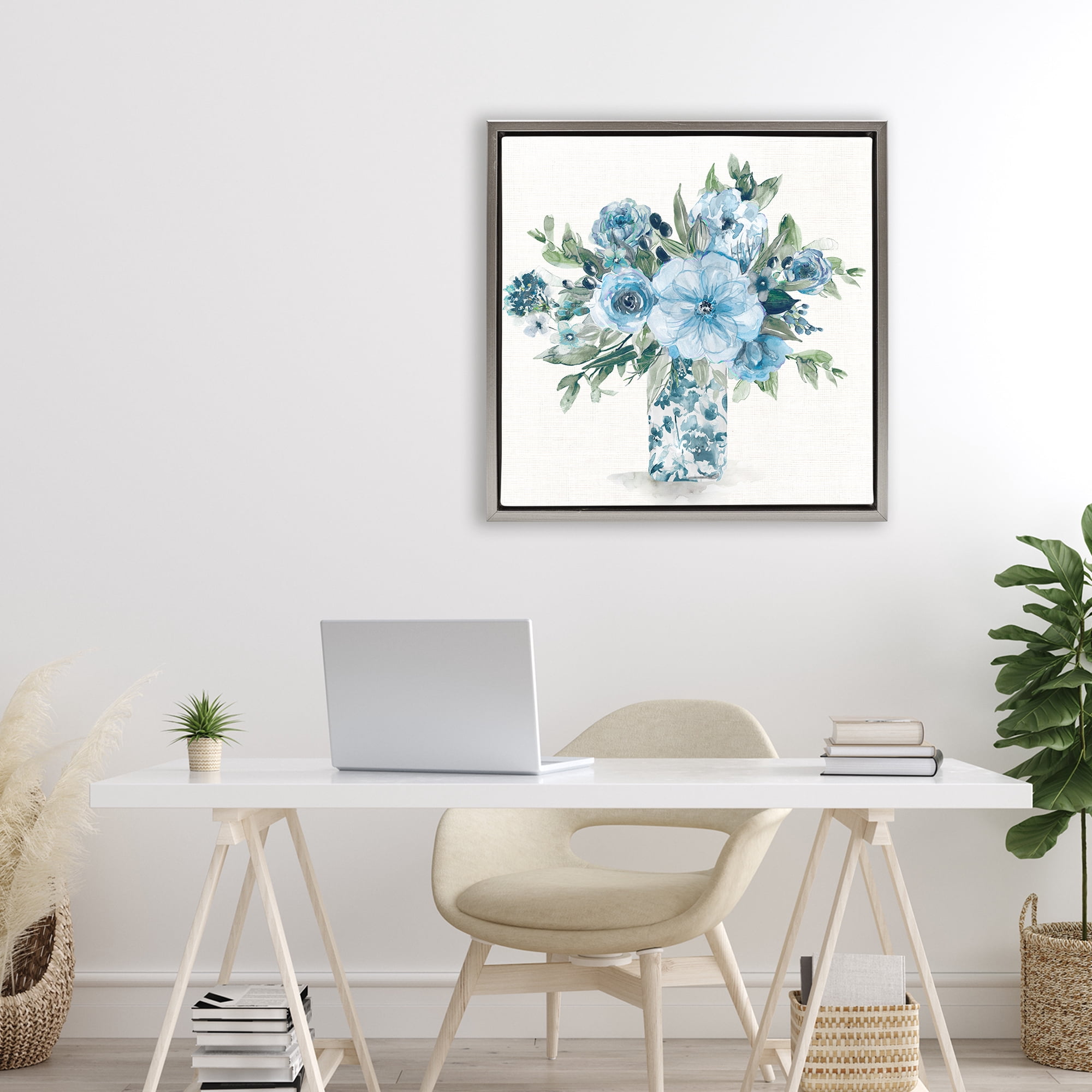 Stupell Industries Pastel Blue Bouquet Foliage Gray Framed Floater Canvas Wall Art, design by Carol Robinson
