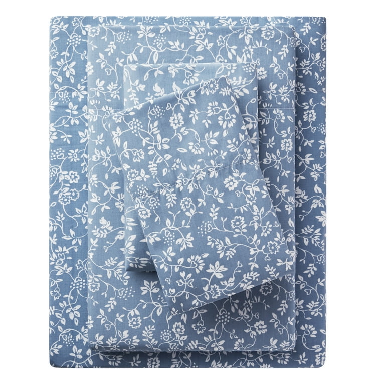 Mainstays 4-Piece 300 Thread Count Blue Floral Print CVC Cotton Blend Bed  Sheet Set, Full