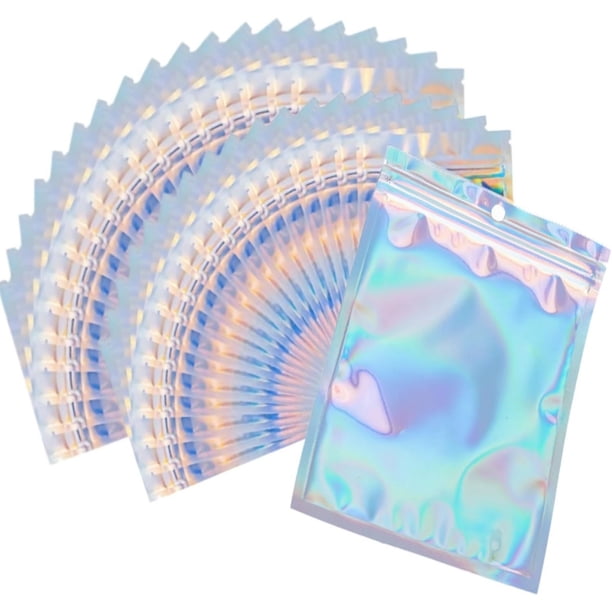 Bolsa Holográfica Multiusos,100PCS Bolsas de Herméticas Reutilizables, Bolsas de Almacenamiento,Pouch,Bolsa Ziplock Apta parapara almacenamiento de alimentos, Joyas, Cosméticos (8x13cm)