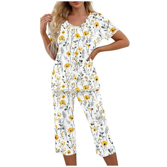 Runfenguu Womens 2 Piece Outfits Women Printed Casual Short Sleeved V-Neck With Point Pants Printed Set