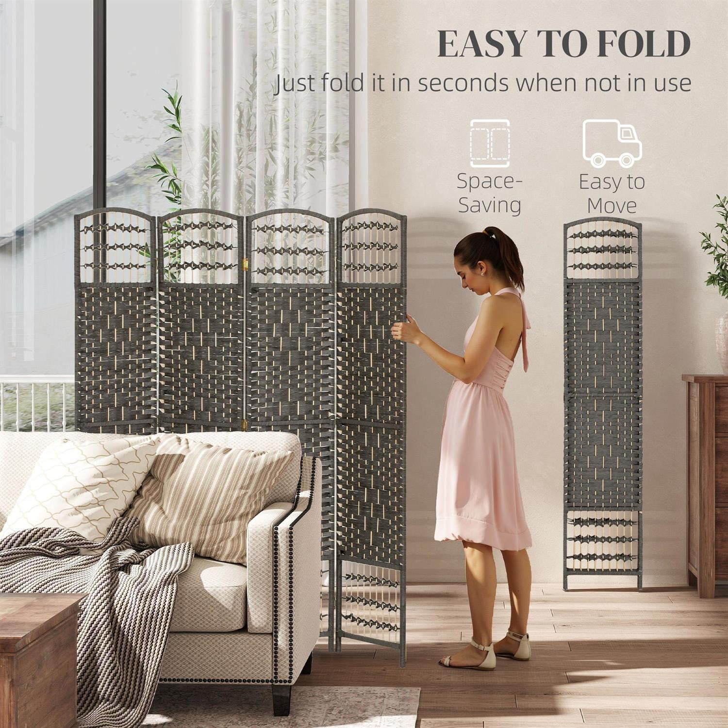 Demi Bonn 5.6ft 4 Panel Folding Screen Room Divider with Metal Frame for Home Decor, Sturdiness & Privacy, Gray