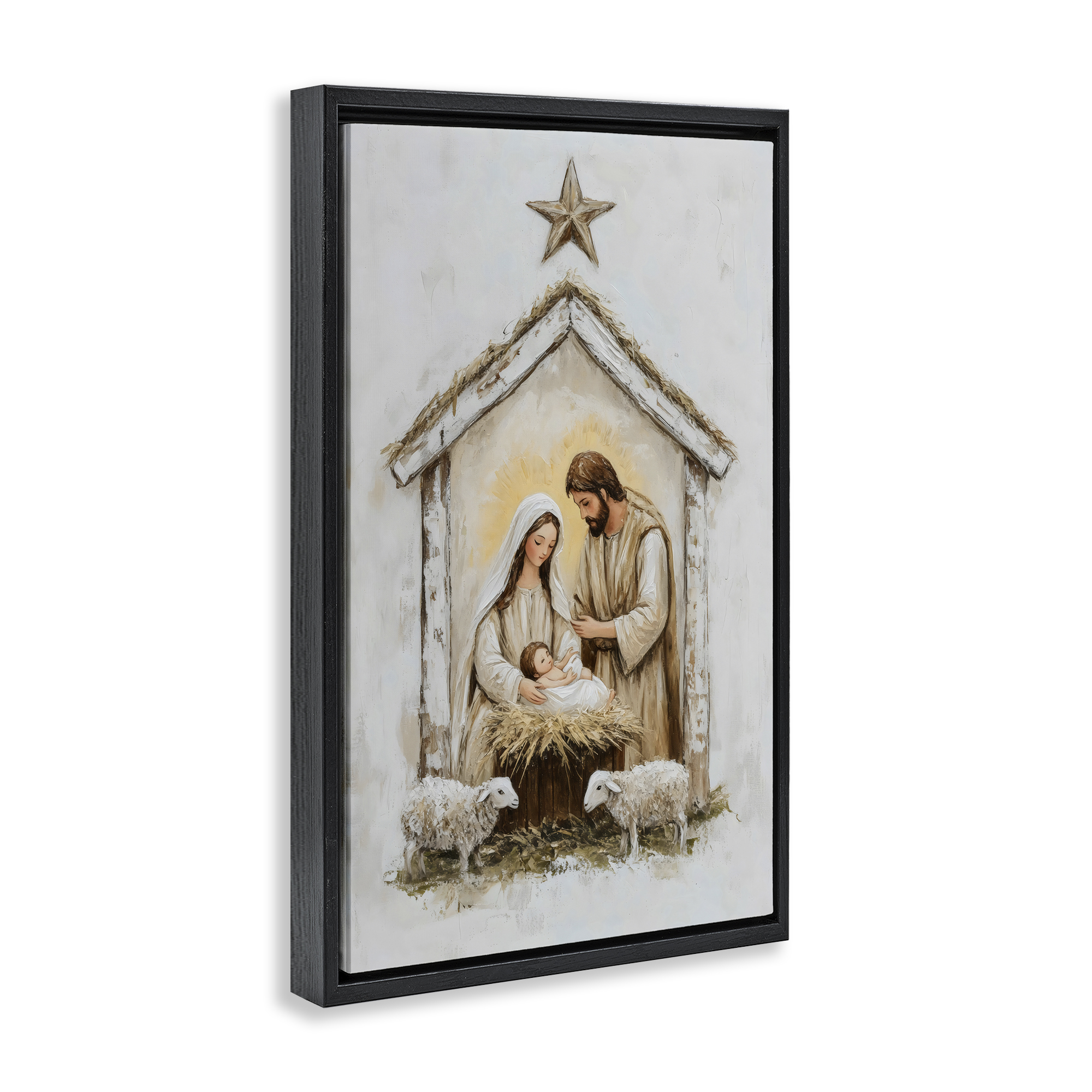 Little Lambs & Nativity Black Framed Floater Canvas Wall Art, design by Petal Prints Design