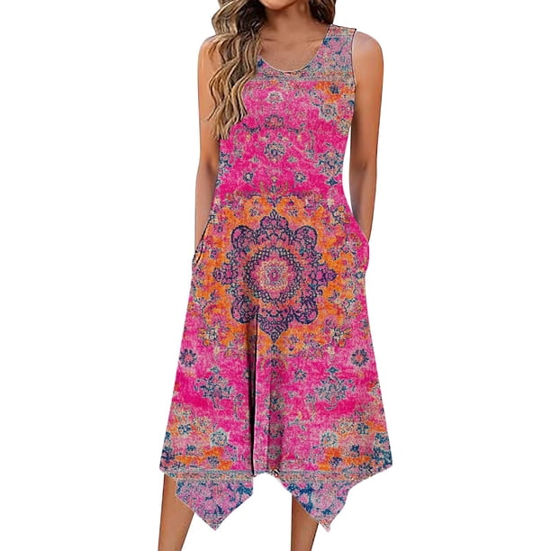 Tops para Usar con Faldas sin Mangas Vestido de Cuello Redondo Impreso con Falda Grande Imitación Algodón, Suelto Hogar Y Viaje