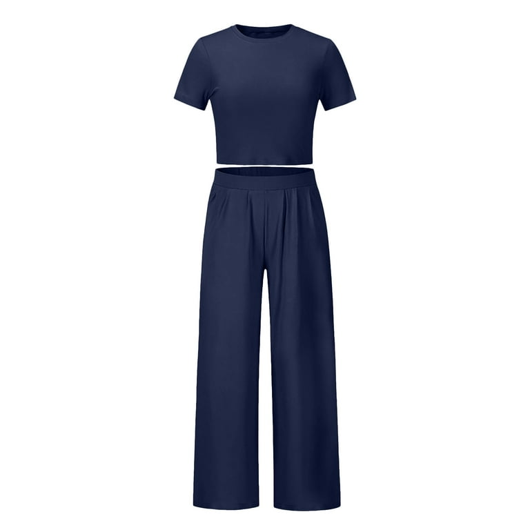 2 Piece Outfits for Women Y2K Short Sleeve Crop Tops Loose Casual Wide Leg  Trousers Palazzo Pants with Pockets