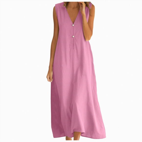 Gubotare Cotton Linen Summer Dress for Women, Sleeveless Round Neck Maxi Dress Flowy Sundress (Pink,M)