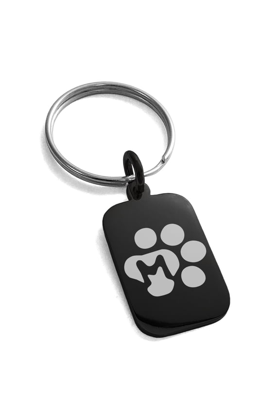 Stainless Steel Letter M Initial Cat Dog Paws Monogram Engraved Small Rectangle Dog Tag Charm Keychain Keyring