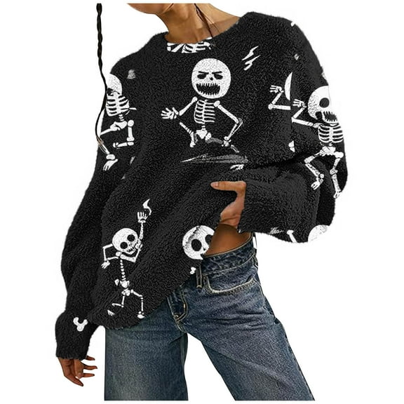 Aboser Plus Size Halloween Sweatshirts for Women Fuzzy Fleece Sweaters Funny Graphic Oversized Pullovers Warm Sherpa Crewneck Holiday Sweatshirt Tops