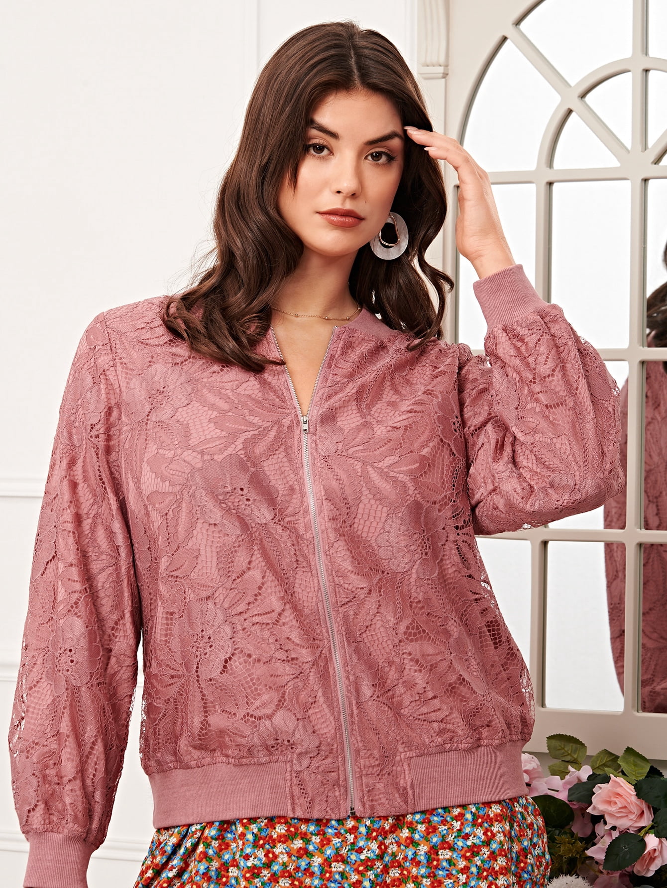 Zip Up Lace Bomber Jacket 2022 