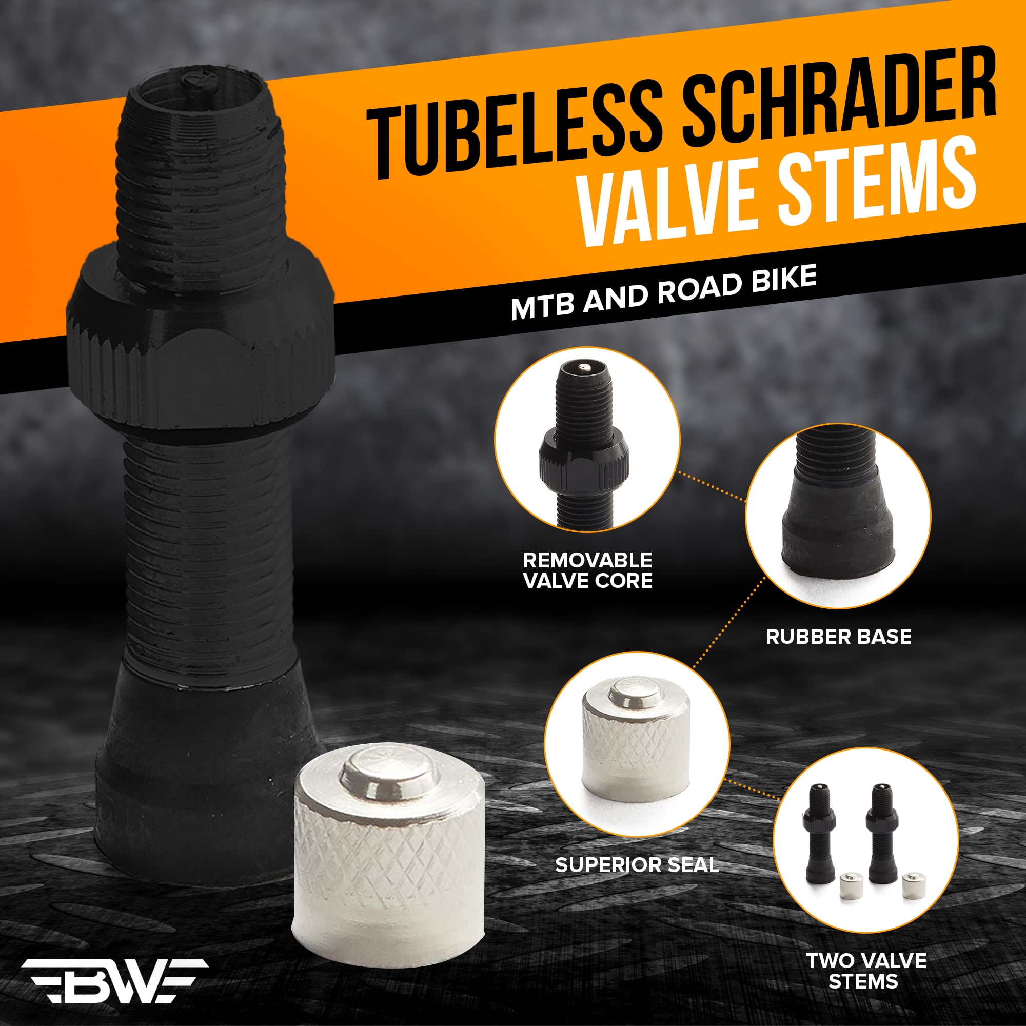 BW Tubeless Schrader Valve Stems 36 and 44mm Options for MTB and Road Bike Available in Black and Silver 