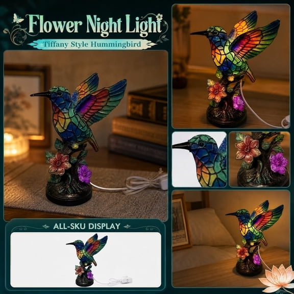 Hummingbird Stained Glass Night Light, Vintage Resin Decorative Table Lamp for Bedroom Living Room and Home Decor Display, Artistic Floral Accent Lamp