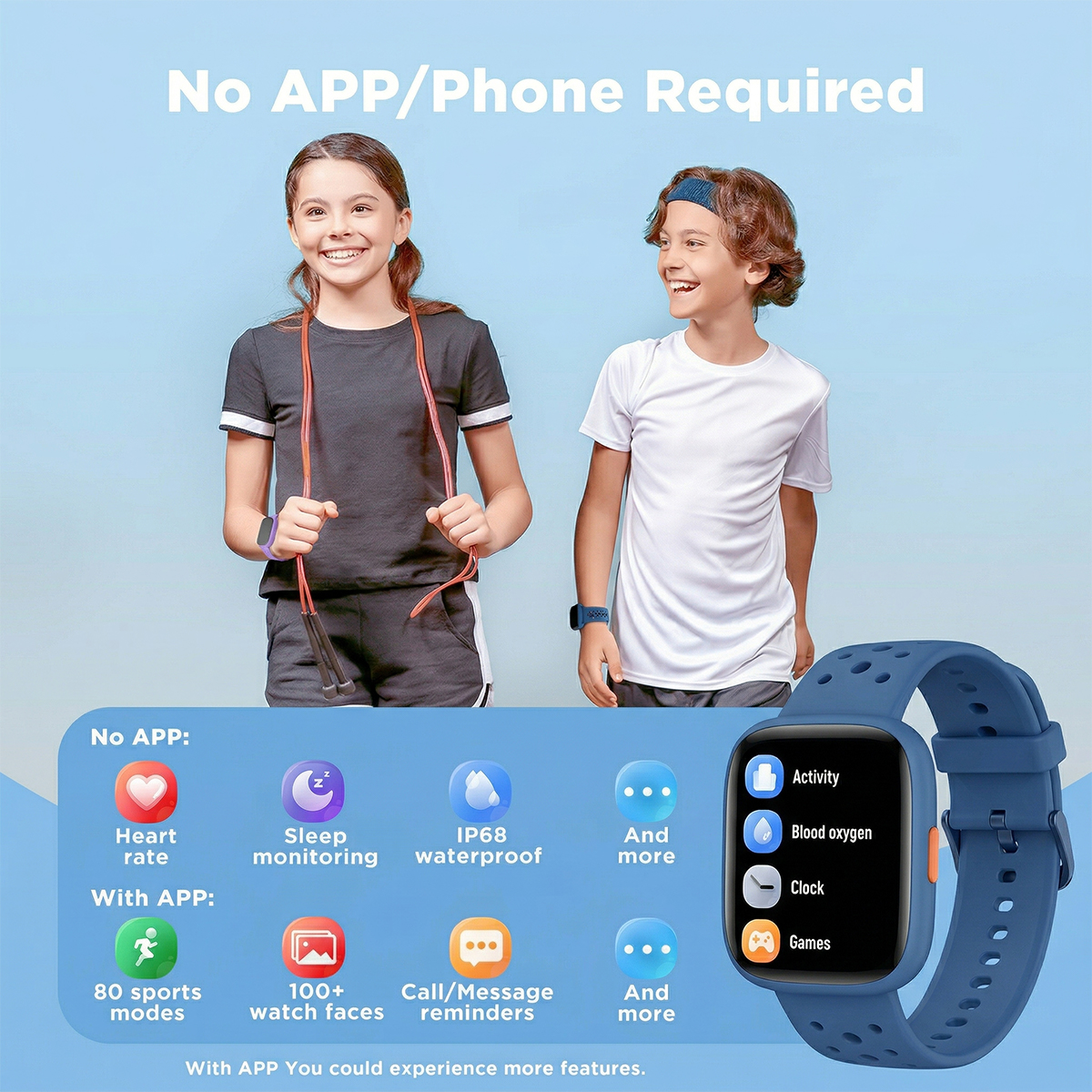 BIGGERFIVE Kids Smart Watch 1.8" Fitness Tracker, Blue photo 2