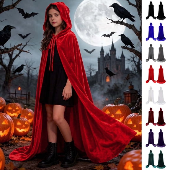 YUANxueke Kids Velvet Cape Girls Boys Hooded Open Front Cloak Fashion Party Full Length Witch Wizard Robe for 2-17 Years