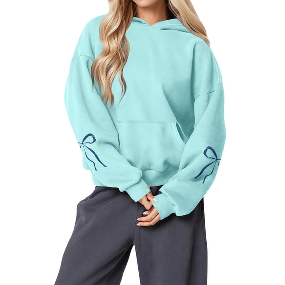Women's Fashion Lightweight Long Sleeve Pullover with Pockets Preppy Graphic Hoodie with Bow Print for Everyday Wear,Blue,XL