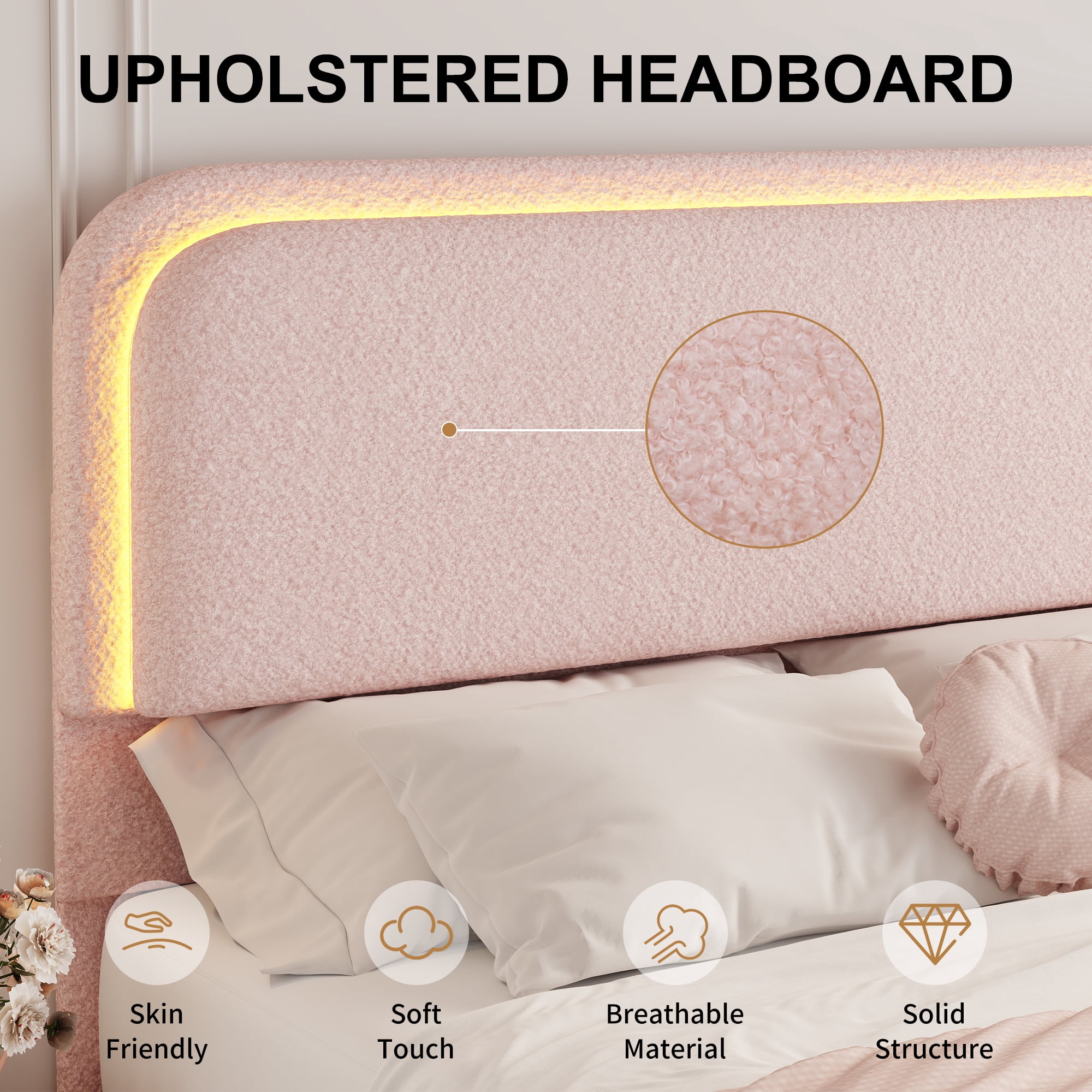 SIBEDS Queen LED Bed Frame, Teddy Fleece Upholstered Platform Bedframe, No Box Spring Needed, Pink