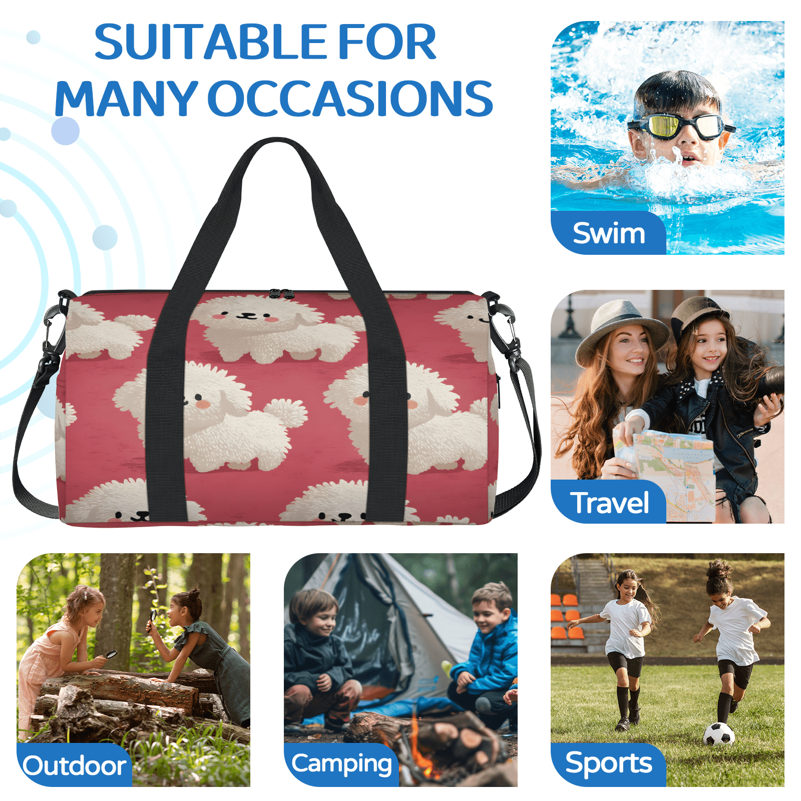 Herdesigns Cute Dog Gym Bag for Women, Duffle Bag for Travel Sport, White Puppy Lightweight Waterproof Carry on Weekender Dance Yoga Workout Bags