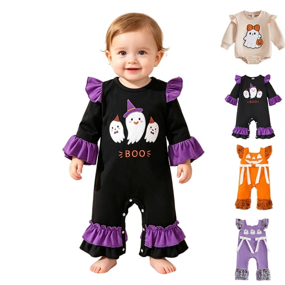 Baby Long Sleeve Cute Print Jumpsuit Ruffled Romper Cosplay Costume Toddler Girls Halloween Outfits Size 3-18 Months