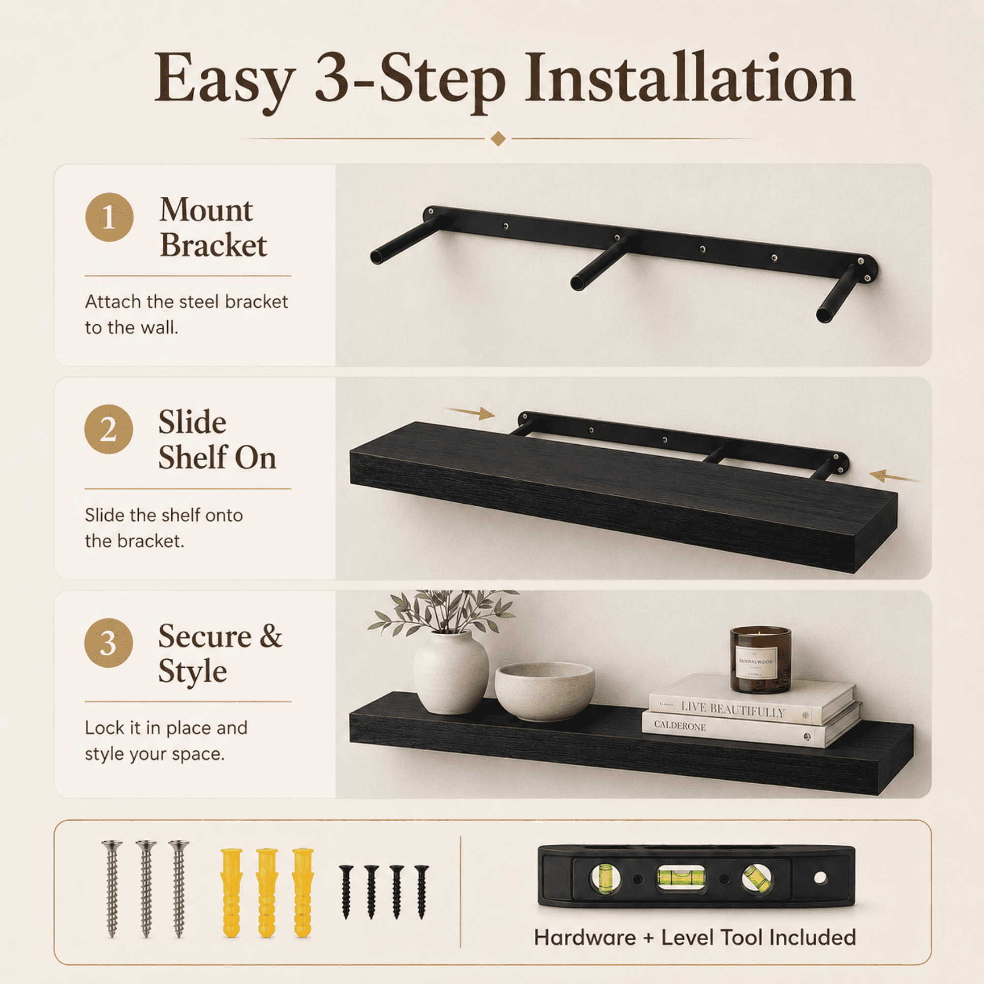 MEHOOM 36" Rustic Solid Wood Floating Shelves for Wall Set of 2, Black Book Shelves,Wall Shelves for Bathroom,Bedroom,Living Room,Kitchen,Study Room, Kids Room, Farmhouse Decor
