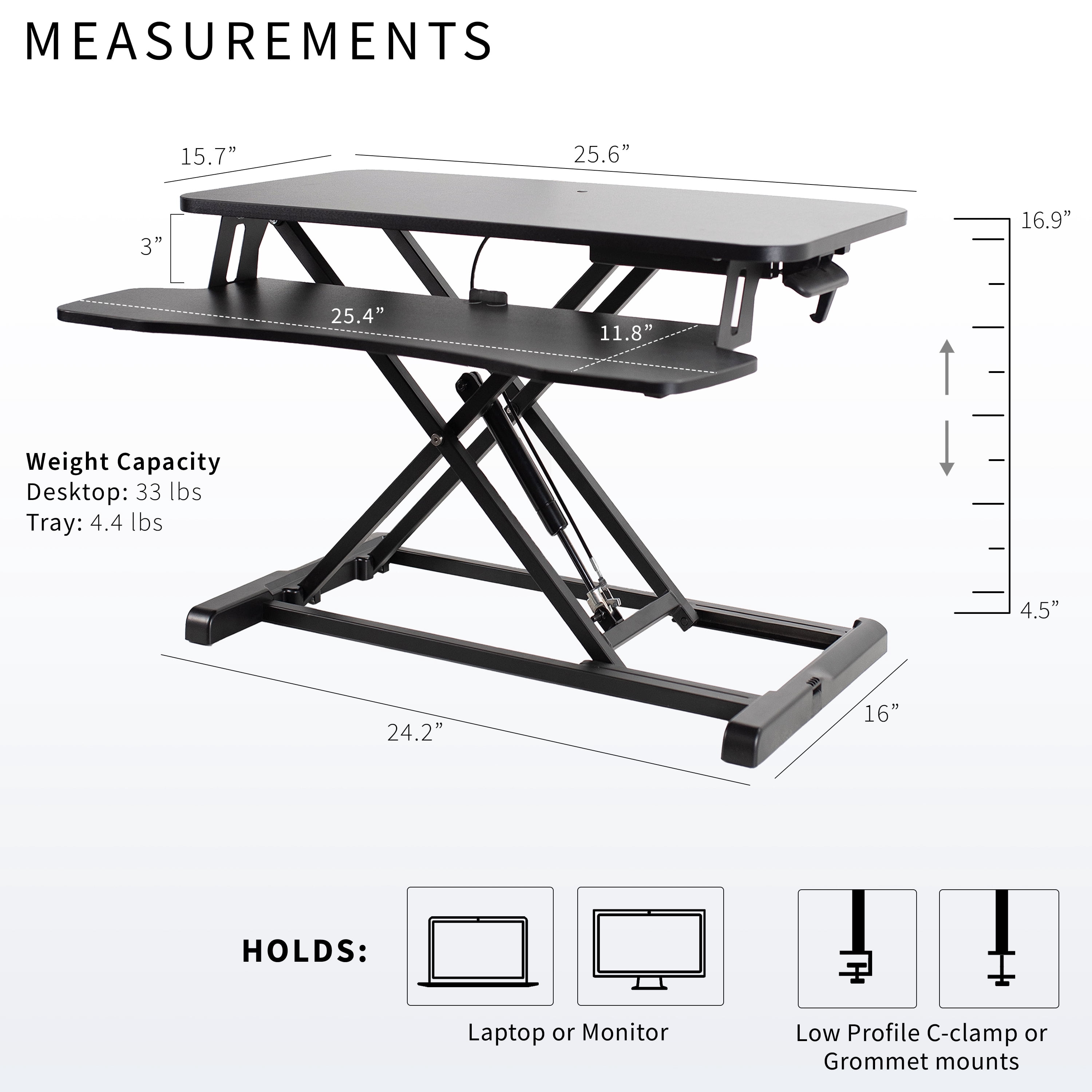 VIVO Black 26" Height Adjustable Standing Desk Monitor Riser Sit Stand Tabletop