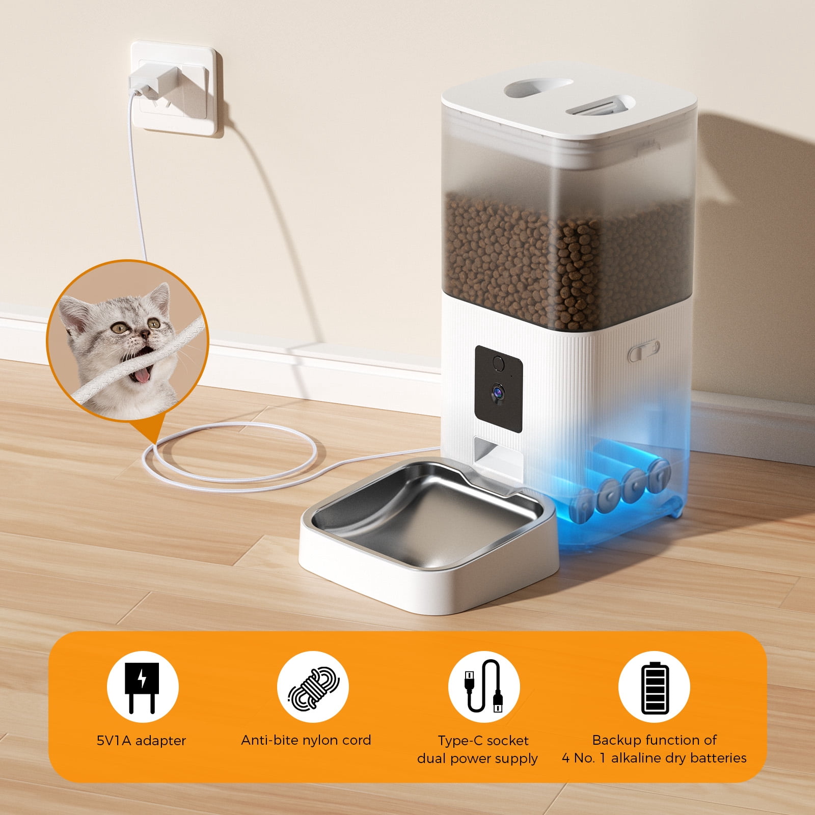 KNDKO Automatic Cat Feeder with Camera, 5.5QT/6L Large Capacity Cat Food Dispenser with 2-Way Audio & App Control, Dual Power Backup
