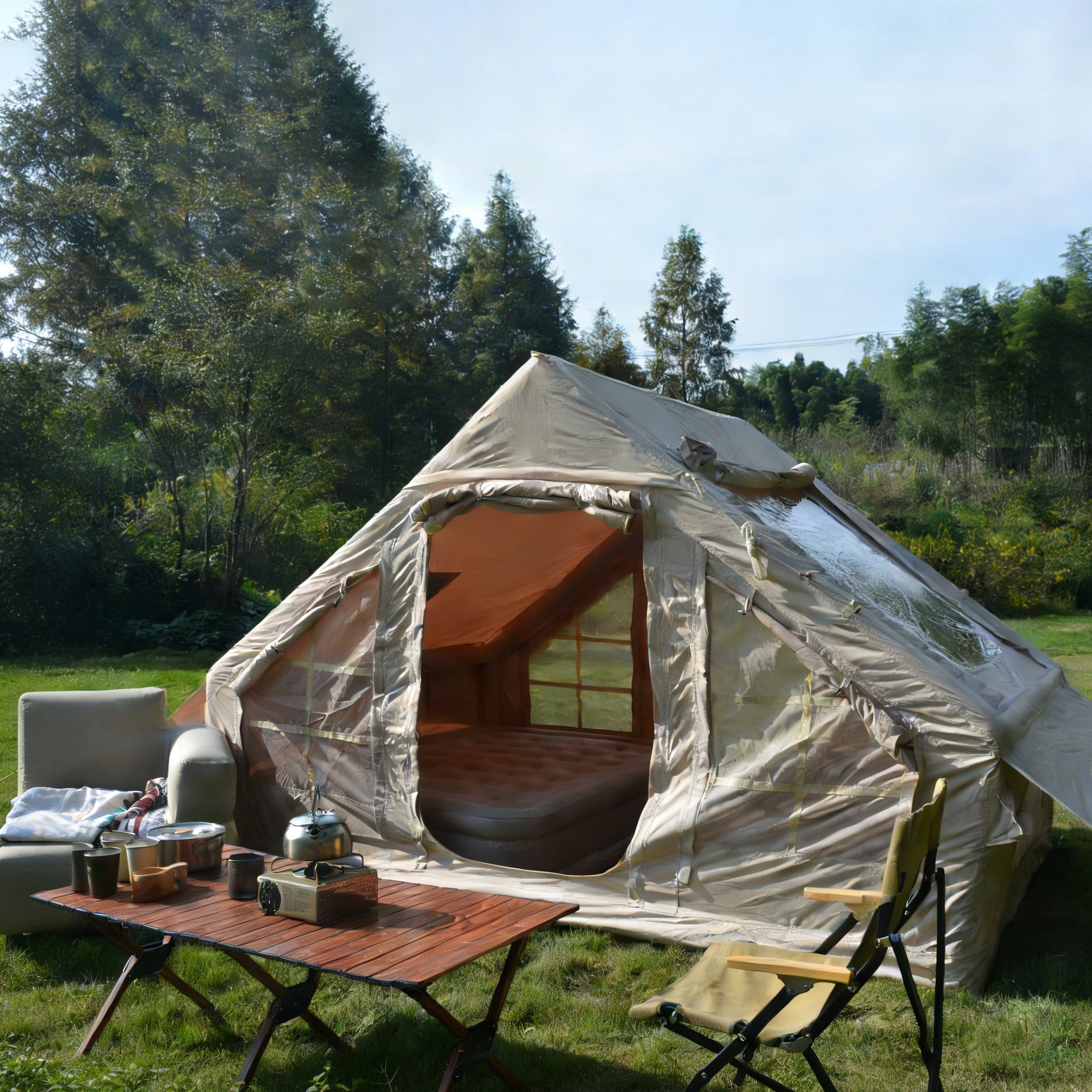 Inflatable Camping Tent, Glamping Tent 4-6 Persons Waterproof Windproof Outdoor Self-Supporting Blow up Tent Air Tent Portable House