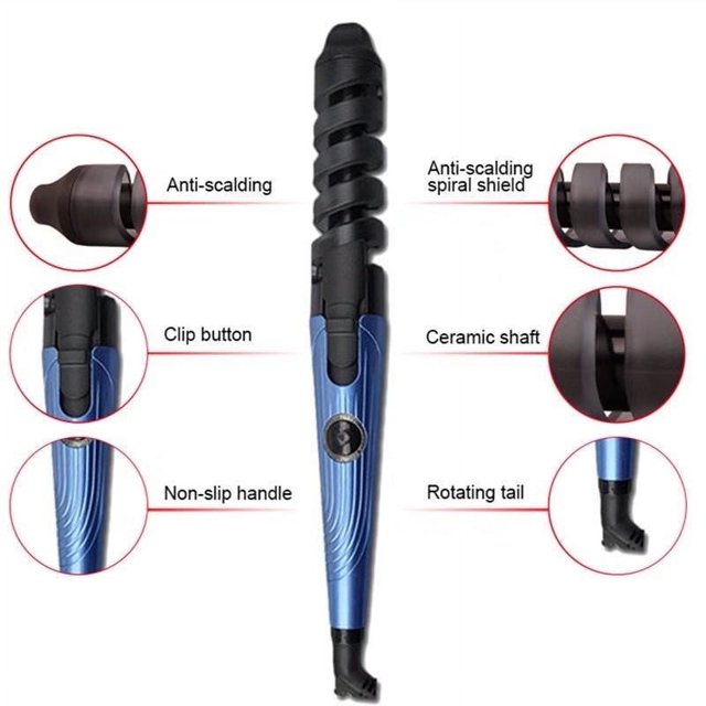 rizador de pelo de férula, rizador de pelo de doble propósito, rizador de pelo de clip recto de titanio nano azul vista frontal centrada; varilla cerámica negra con escudo espiral antiquemaduras, cuerpo azul con acabado de pintura UV, botón de clip y mango antideslizante. Adecuado para rizar o alisar cabello y uso en casa o salón; también útil para peinados de viaje.