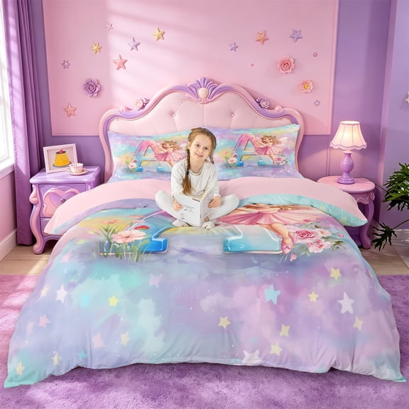 jejeloiu Magical Cute Girls Duvet Cover Set For Kids,Girls Personalized Initial A Bedding Full,Pink Reversible,3-Piece(No Comforter)