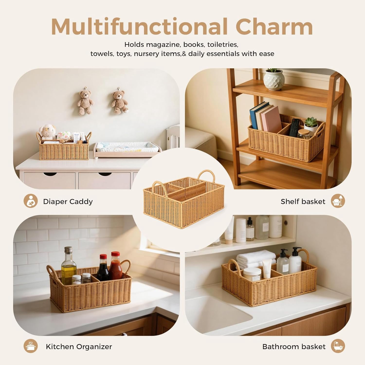Diaper Caddy Organizer, Hand Rattan Nursery Baby Basket Changing Table Organizer for Baby Essentials, Baby Shower Gifts, Versatile Shelf Basket Bathroom/Kitchen Organizer (Natural, L)