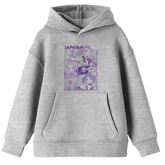 Kpop Demon Hunters Panel Art HuntrX Boys Heather Gray Long Sleeve Hoodie-Medium