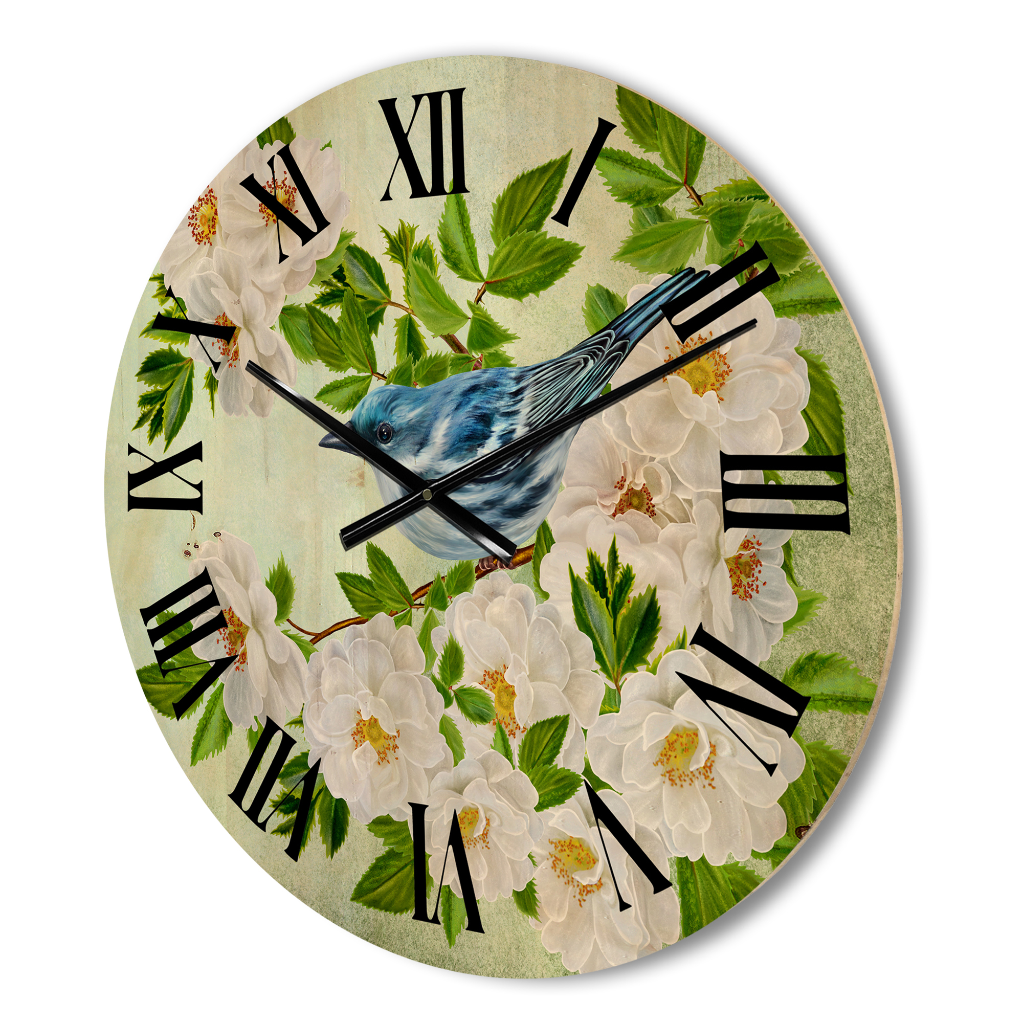 Designart 'Little Blue Bird Sitting On A Branch of White Rose Plant' Traditional Wood Wall Clock