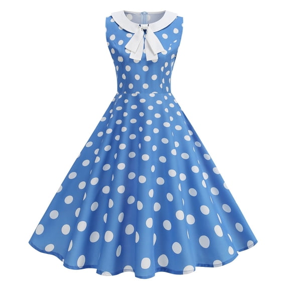 YTCAMLO 50s Style Womens Midi Dress Classic Tie Neck Swing Dress Vintage Polka Dots A Line Dress Short Sleeve Party Cocktail Dresses, Blue S