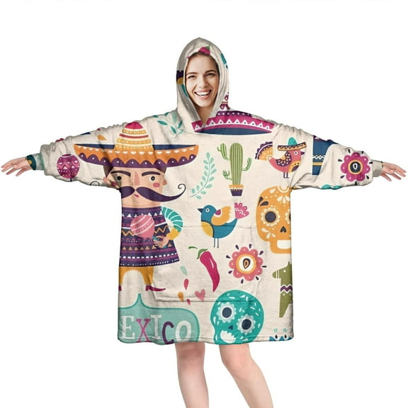Wearable Oversized Blanket,Colorful Mexican Elements Wearable Blanket Hoodie for Adults,Cozy Hooded Blankets with Super Pockets,Super Warm Fuzzy Pullover for Women & Men