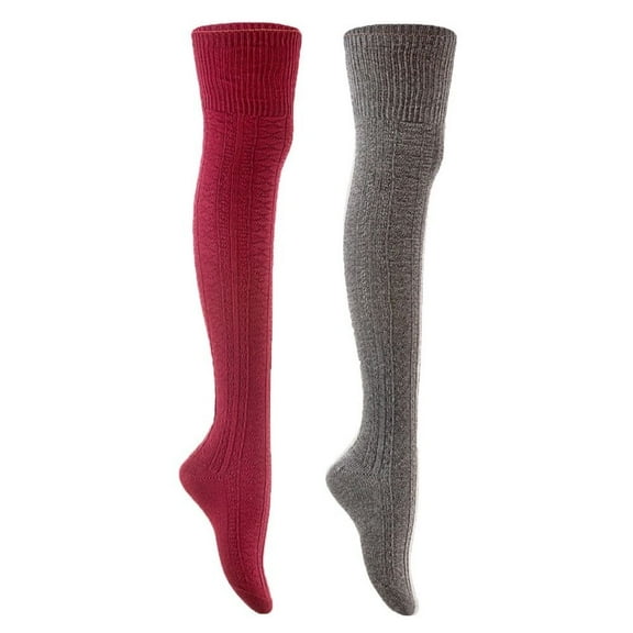 Lian Style Women's 2 Pairs Long Lasting, Colorful and Fancy Thigh High Over the Knee High Cotton Socks JMYP1025 Size 6-9 Wine, Dark Grey