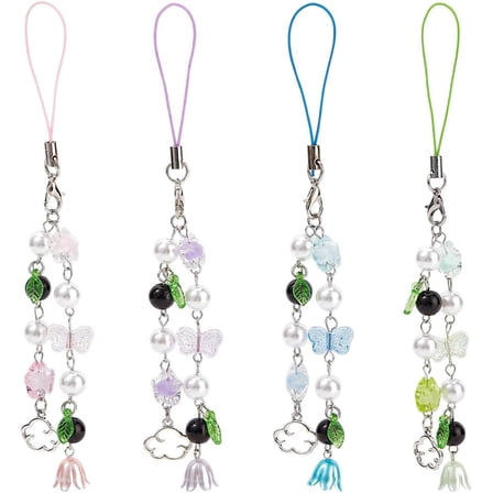 4Colors Beads Phone Charm 4pcs Cute Cloud Bag Charm Flower Beaded Phone Strap Wrist Lanyard Acrylic Butterfly Mobilephone Accessories for DIY Phone Bag Keychain Car Camera Pendants Decor