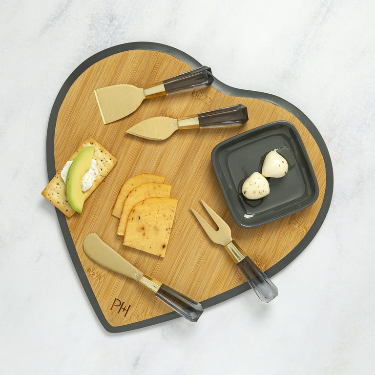 Paris Hilton 6-Piece Bamboo Heart Charcuterie Board and Serving Set,  Charcoal Gray 